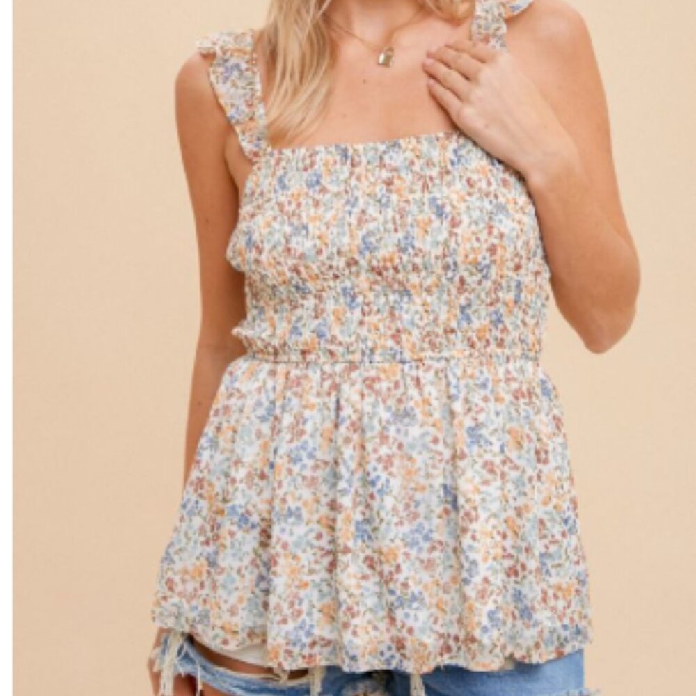 TANK TOP DITSY PRINT PEPLUM RUFFLE STRAP SMOCKING LINED NWT S-M-L 🌞🌼